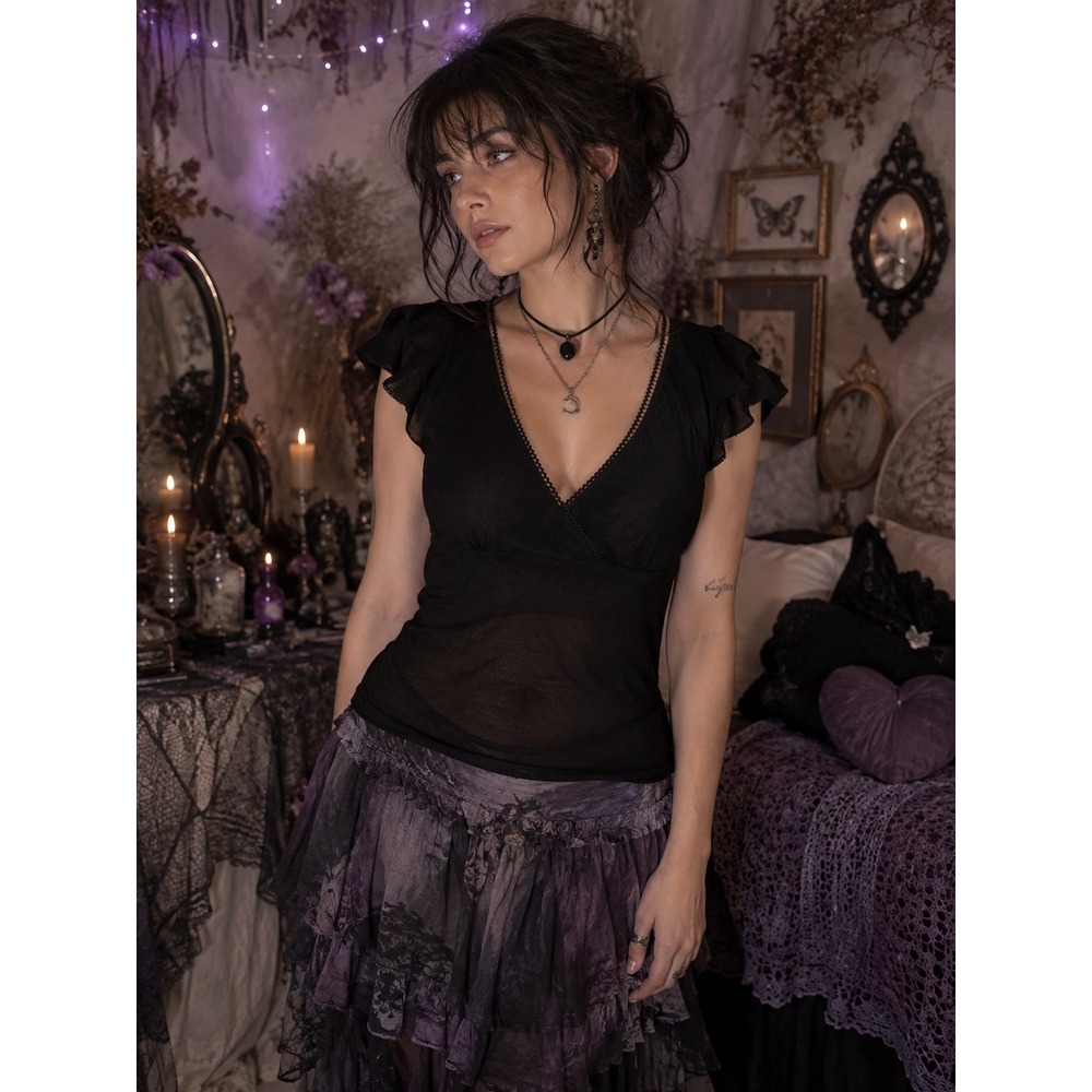 Vintage bebe Y2K Black Mesh Flutter Sleeve Lace Trim Top M USA Made Whimsigoth
